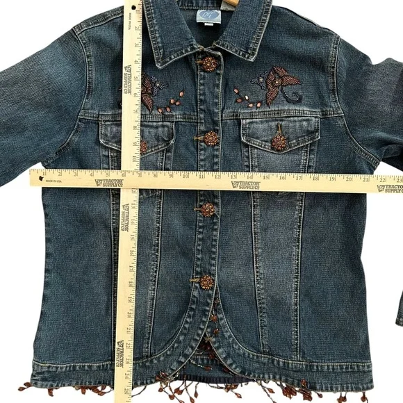 Diane Gilman Women’s Denim Funky Boho Jacket‎ Rhinestone Buttons Beaded Fringe - Picture 5 of 7